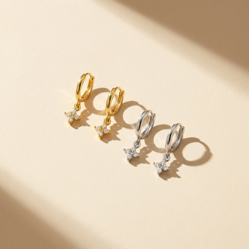 Minimalist Hoop Dangle Earrings with Cubic Zirconia - Silver or Gold Finish