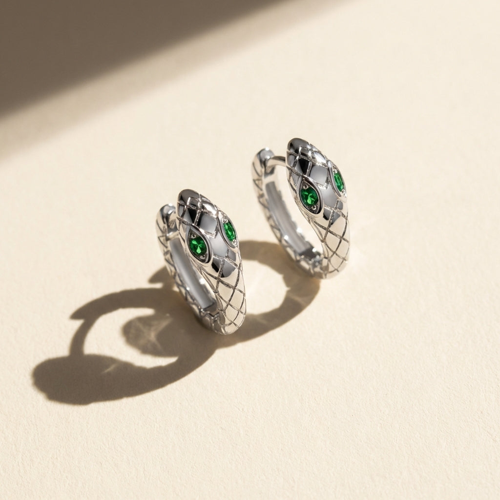 Snake Earrings - Sterling Silver Serpent Hoop with Emerald Green Eye