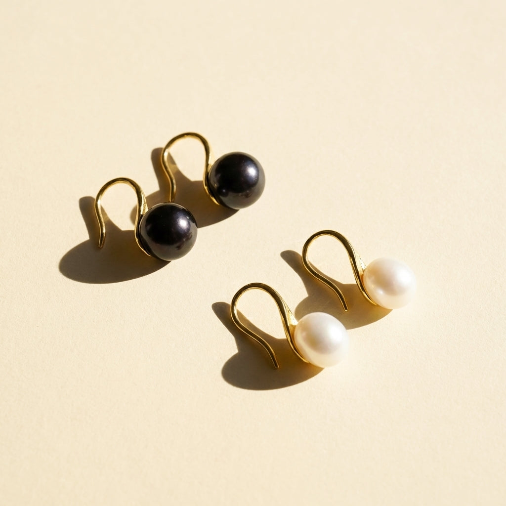 Elegant Pearl Dangle Drop Gold Earrings - White, Black or Purple Pearl