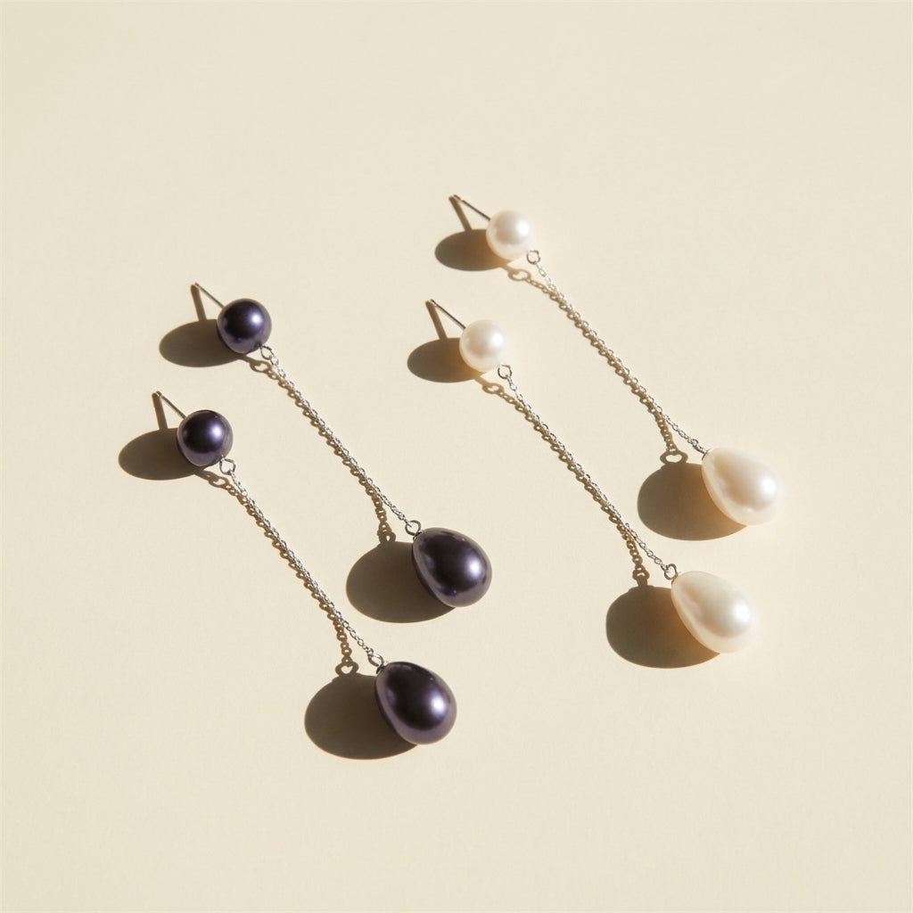Pearl Dangle Drop Sterling Silver Earrings - White or Black Pearl