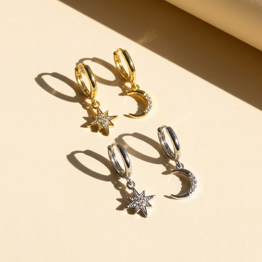 Huggie Hoop Earrings - Moon and Star Dangle Hoops
