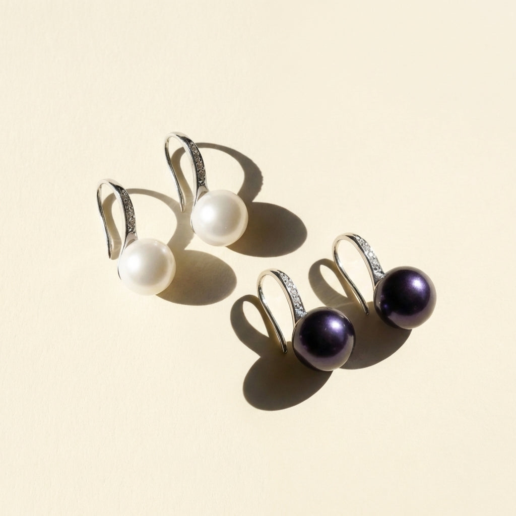Sterling Silver Pearl Dangle Drop Earrings - White or Black Pearl