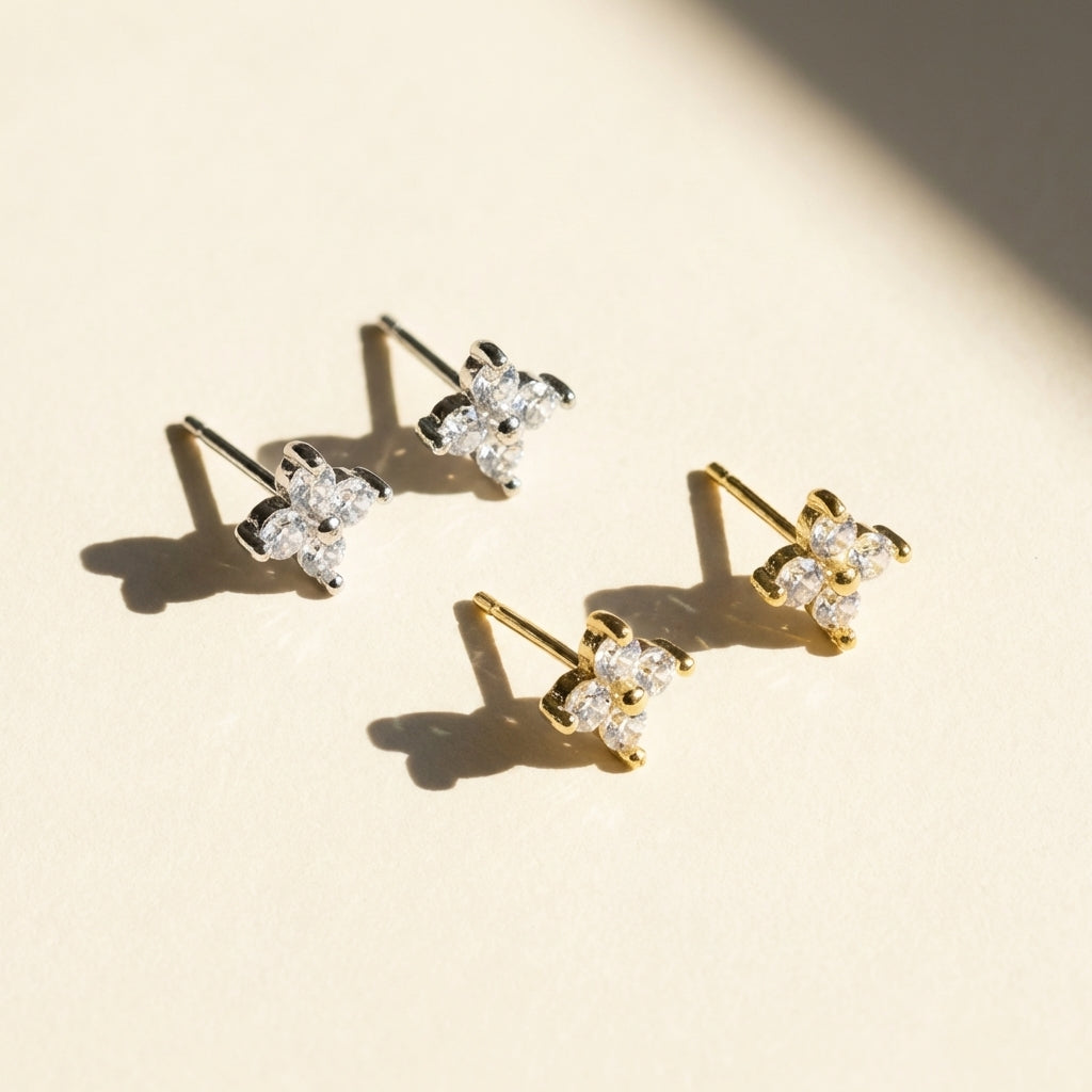 Tiny Hydrangea Flower Stud Earrings - Silver or Gold