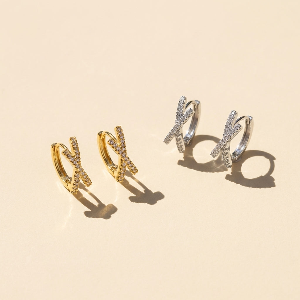 Double Hoop Silver Earrings - CZ Pave Criss Cross Earrings