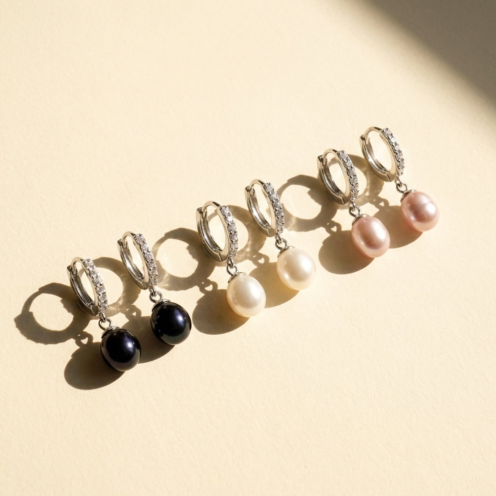 Freshwater Pearl Drop Huggie Silver Hoop Earrings - White, Black or Purple Pearl